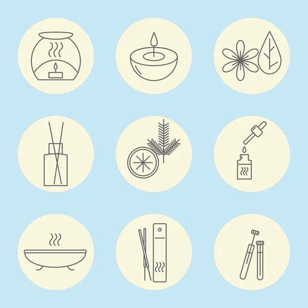 Icon set of aromatherapy on a blue background. — Stock Vector