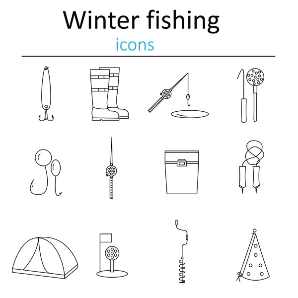 広場に配置された冬の釣りのアイコン。氷の上で釣り用のアクセサリー付きポスターやバナー. — ストックベクタ