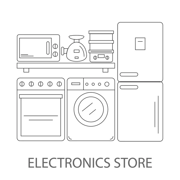 Eletrônica imagem loja no estilo da linha. Eletrodomésticos em prateleiras de lojas . —  Vetores de Stock