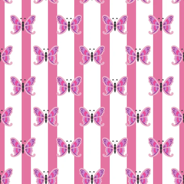 Mariposa repetitiva sobre un fondo rosa y blanco a rayas, sin costuras — Vector de stock