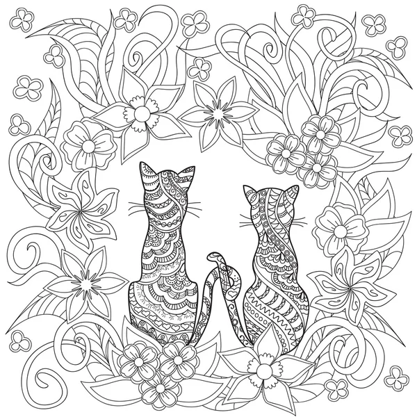 Mão desenhada decorados desenhos animados gatos em flores — Vetor de Stock