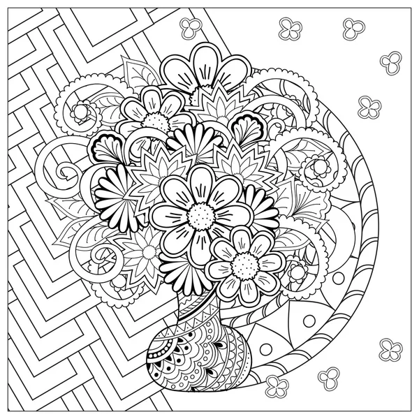 Vase with doodle flowers and mandala — Stock Vector