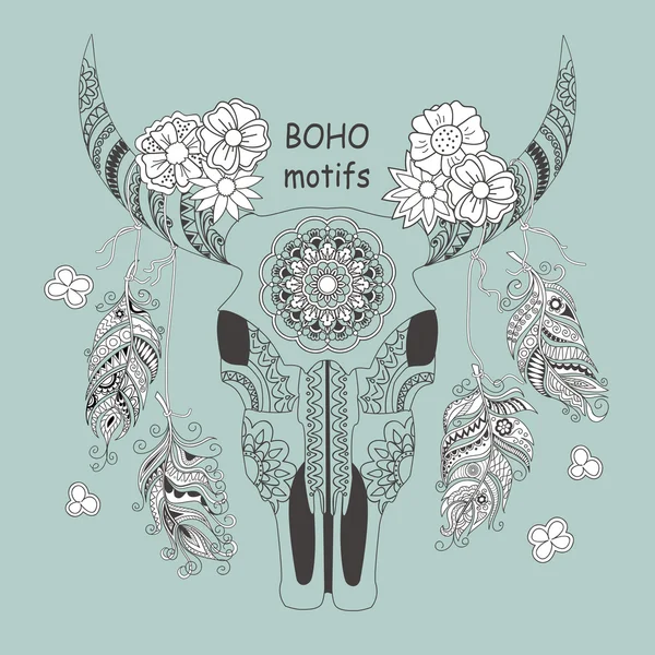 Boho-Karte mit Kuhschädel und Blumen — Stockvektor