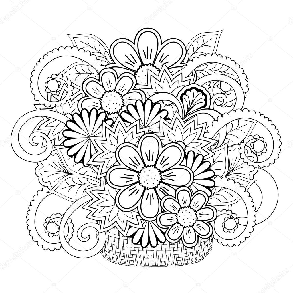 Stampa monocromatica con i fiori di doodle di disegnato a mano nel cestino isolato su bianco Boho style Immagine per adulti e per bambini da colorare