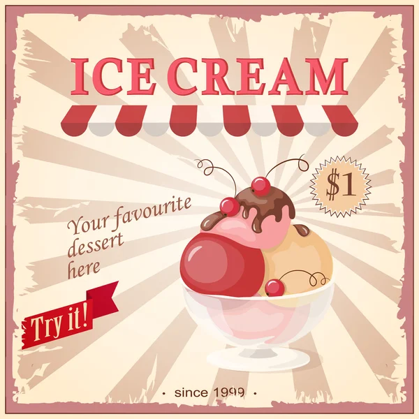 Banner vintage con helado actual — Vector de stock