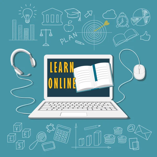 Learn online with laptop — Stock Vector