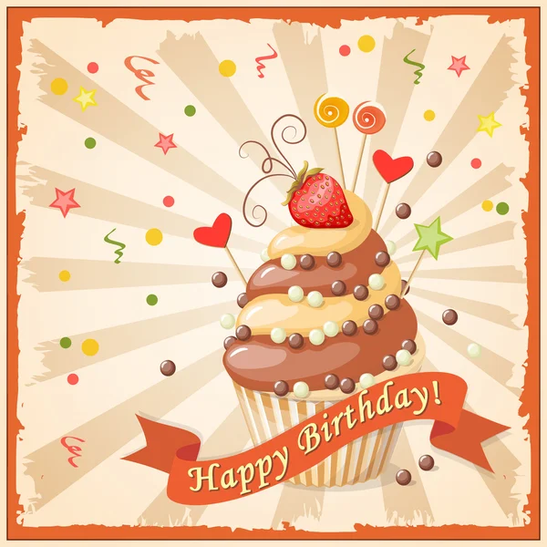 Tarjeta de cumpleaños con pastel, cinta y fresa — Vector de stock