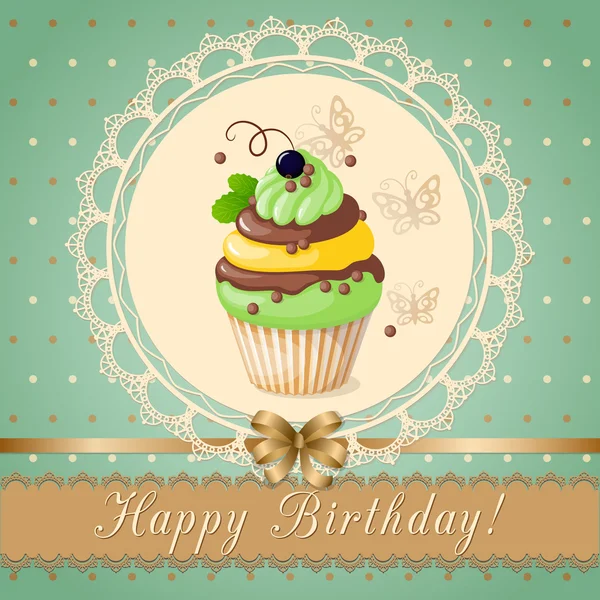 Tarjeta de cumpleaños con pastel de grosella y cinta — Vector de stock