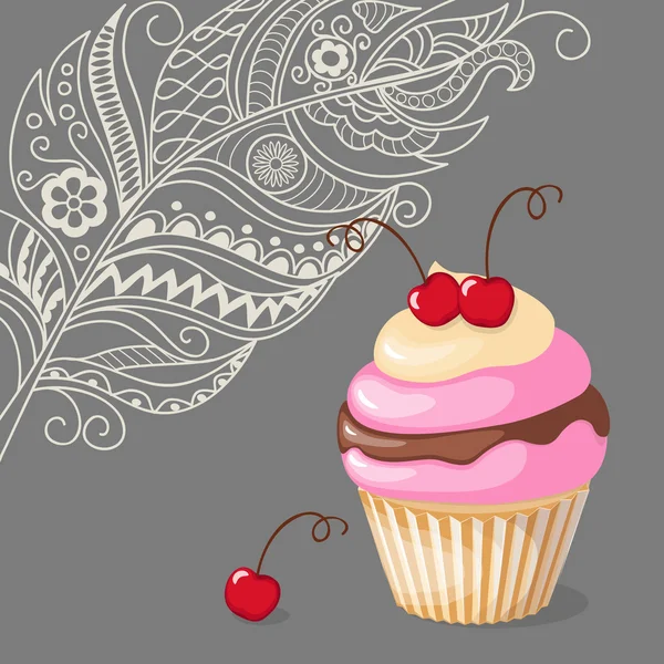 Cupcake mit Kirsche auf Boho-Hintergrund — Stockvektor