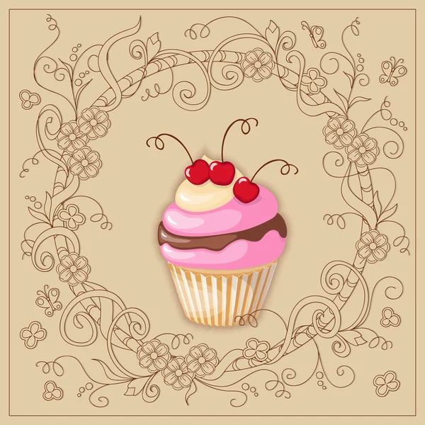 Cupcake med körsbär på boho bakgrunden — Stock vektor