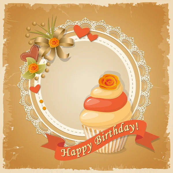 Birthday card with cake , ribbon and rose — Stock Vector