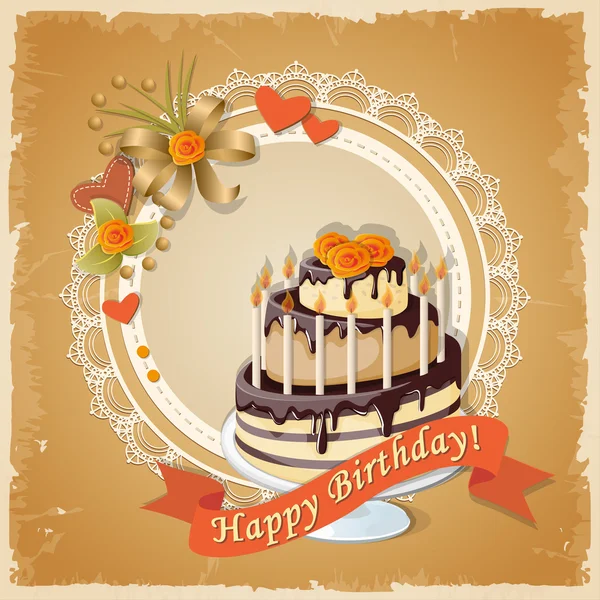 Verjaardagskaart met taart tier, lint en rozen — Stockvector