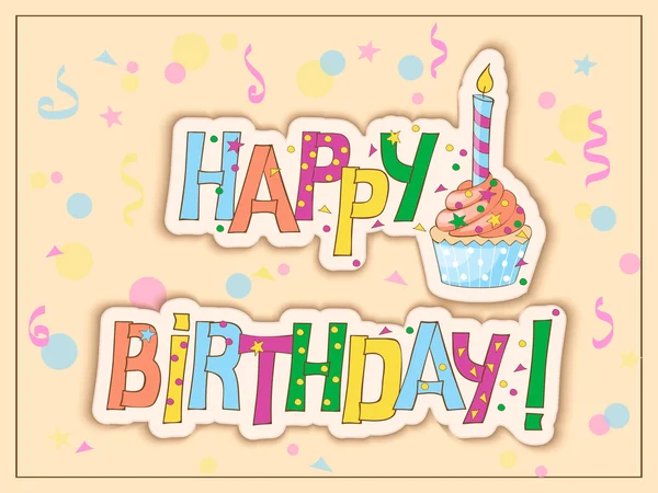 Tarjeta de cumpleaños con pastel, vela y mano dibujar texto — Vector de stock