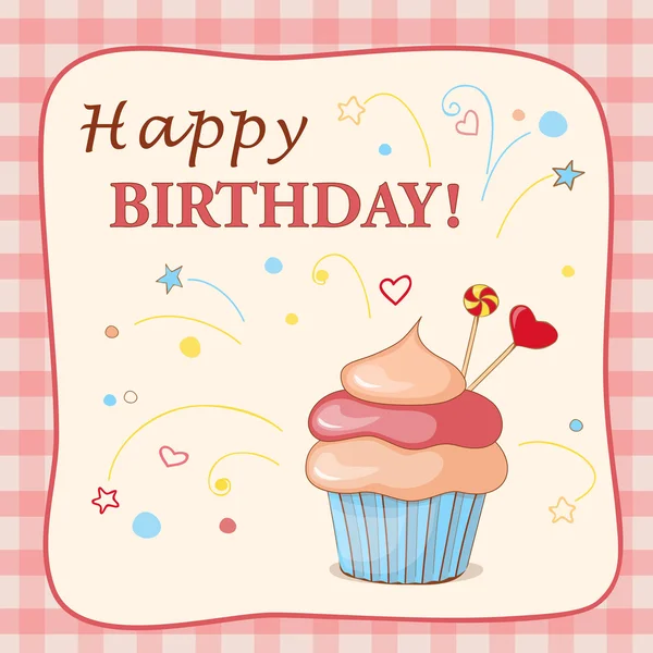 Tarjeta de cumpleaños con pastel, corazones y texto — Vector de stock