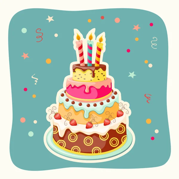 誕生日ケーキの層、キャンドル、イチゴ — ストックベクタ
