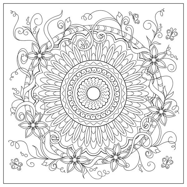 Mandala en el círculo y flores — Vector de stock