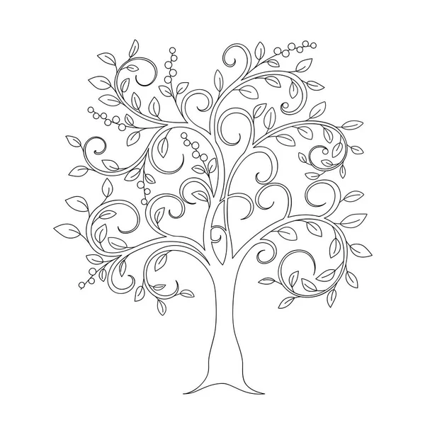 Hand Drawn Contour Doodle Tree Leaves Isolated White Image Adult — Stock Vector