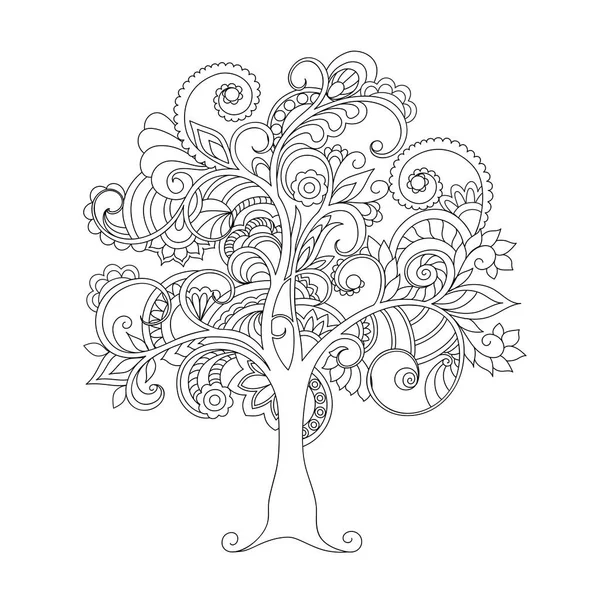 Hand Drawn Contour Doodle Tree Zen Tangle Style Isolated White — Stock Vector