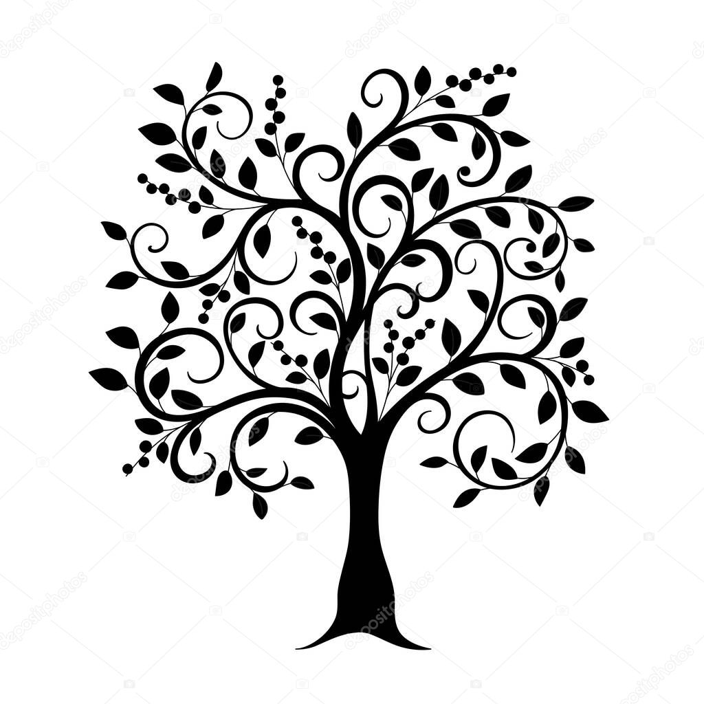 Black silhouette illustration doodle tree with leaves. Icon tree isolated on white background. Template for tattoo,  engraving, t-shirt print, home art, decorate wall, logo and flyer design. eps 1