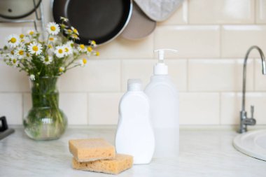 Ekolojik bulaşık konsepti. Doğal süngerler, ahşap kutu, çevre dostu yaşam tarzı.