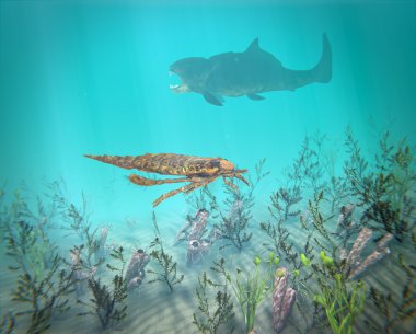 Eurypterus ve Dunkleosteus Devoniyen denizin içinde
