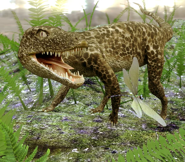 Hesperosuchus Chasing A Dragonfly — Stok fotoğraf