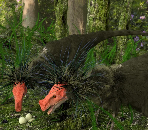 Dinosaur Ornitholestes Tend To Their Nest — Stockfoto