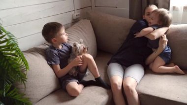 Büyük çocuk küçük köpeği kanepeye koyuyor anne gevşerken ve bebek gülümserken, doğal ışık ve nötr iç, şakacı bir an kardeş şefkatini ve evcil hayvan arkadaşlığını vurguluyor.