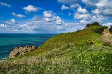 Parlak bir gökyüzü altında canlı yeşil tepeleri ve mavi okyanusları olan manzaralı kıyı manzarası. Lizbon, Portekiz yakınlarındaki Sintra-Cascais Doğal Parkı (Parque Natural de Sintra-Cascais)