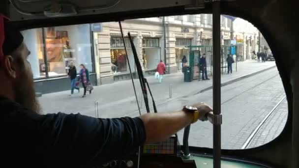 Vista Interior Helsinki Antigua Cabina Del Conductor Del Tranvía Finlandia — Vídeos de Stock