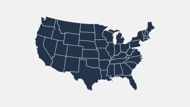 Mapa de Estados Unidos de América mostrando diferentes estados. Animated usa contiguo inferior 48 u.s. mapa de estado en un fondo de croma clave aislado. — Vídeo de stock