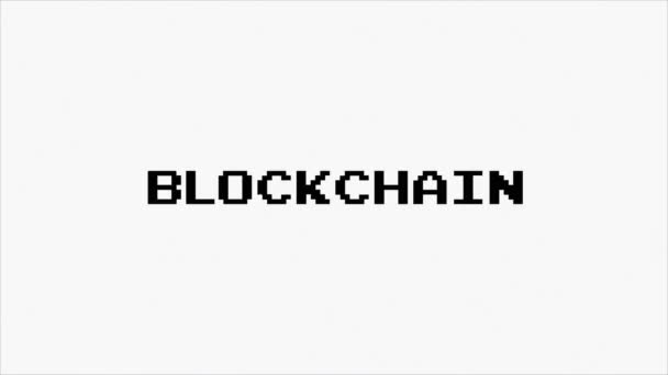 Blockchain text with glitch screen effects on a black background. — Stockvideo