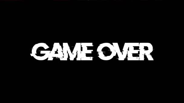 Game Over texto con efectos de pantalla de fallo en un fondo negro. — Vídeo de stock