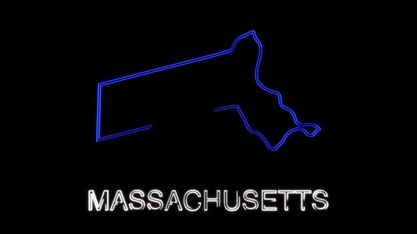 Carte animée au néon montrant l'État du Massachusetts de l'État-Unis d'Amérique. Carte 2d de Massachusetts. — Video