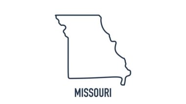Amerika Birleşik Devletleri 'nden Missouri eyaletini gösteren çizgi animasyon haritası. Missouri 'nin 2d haritası.