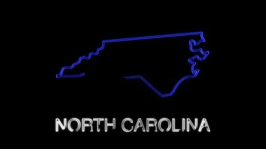 Neon animasyon haritası Amerika Birleşik Devletleri 'nden Kuzey Carolina eyaletini gösteriyor. 2D Kuzey Carolina haritası.
