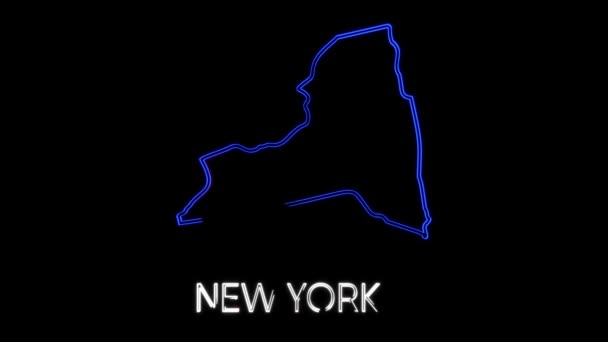 Neón mapa animado que muestra el estado de Nueva York desde el estado unido de América. 2d mapa de Nueva York. — Vídeos de Stock