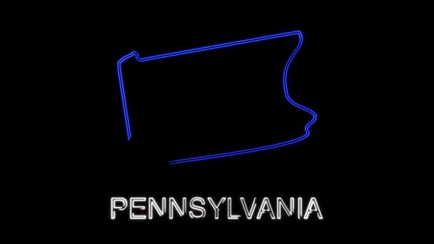 Neon Line mapa animado que muestra el estado de Pensilvania desde el estado unido de América. 2d mapa de Pennsylvania. — Vídeos de Stock
