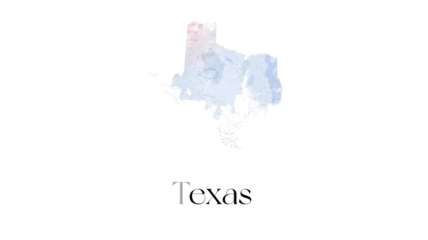 Carte animée à l'aquarelle montrant l'état du Texas de l'État-Unis d'Amérique. La carte 2d de Texas. — Video
