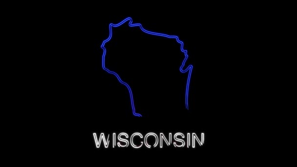 Neón mapa animado que muestra el estado de Wisconsin desde el estado unido de América. 2d mapa de Wisconsin. — Vídeos de Stock