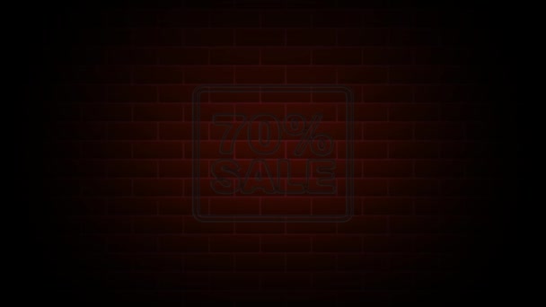 70% Fora de Neon Sign On Brick Background. Neon animação Oferta Anúncio. Gráficos de movimento. — Vídeo de Stock