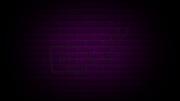 70% Fora de Neon Sign On Brick Background. Neon animação Oferta Anúncio. Gráficos de movimento. — Vídeo de Stock