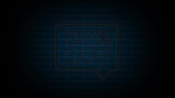 20% Fora de Neon Sign On Brick Background. Neon animação Oferta Anúncio. Gráficos de movimento. — Vídeo de Stock