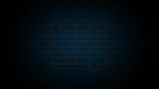 70% Fora de Neon Sign On Brick Background. Neon animação Oferta Anúncio. Gráficos de movimento. — Vídeo de Stock