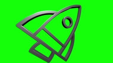 Yeşil arka planda biyolojik tehlike 3 boyutlu gümüş roket ikonu izole edildi. Roket bombası düşüyor. Hareket grafikleri.