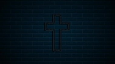 Neon Hristiyan haç simgesi yeşil arka planda izole edildi. Kilise haçı. Hareket grafikleri.