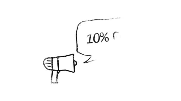 Megafone com bolha de fala 10 por cento fora de letras 3d girar sobre fundo branco — Vídeo de Stock