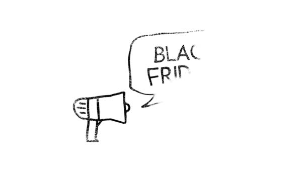 スピーチバブルブラックフライデーアニメーションとレトロなスタイルのメガホン。飛行バッグの背景に黒い金曜日のテキストボーナステキストゴールドと黒の背景に赤い動き — ストック動画