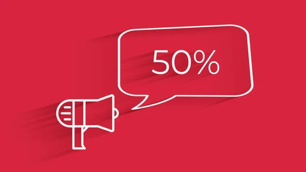 Konuşma baloncuklu megafon. 3D harflerde% 50 indirim var. Beyaz arka planda dönüyor. 4k