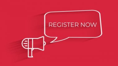 Megaphone with speech bubble Register now.. Text Animation. Gold word on red background. High quality 4k intro opener